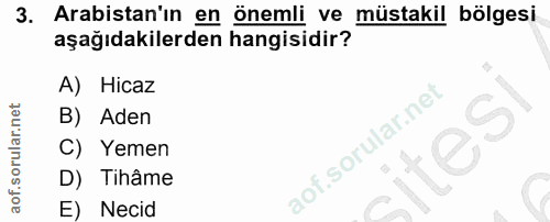 3. soru: Arabistan'ın en önemli ve müstakil bölgesi aşağıdakilerden hangisidir? A) Hicaz B) Aden C) Yemen D) Tihâme E) Necid