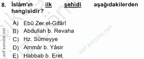 8. soru: İslâm'ın ilk şehidi aşağıdakilerden hangisidir? A) Ebû Zer el-Gifâri B) Abdullah b. Revaha C) Hz. Sümeyye D) Ammâr b.…