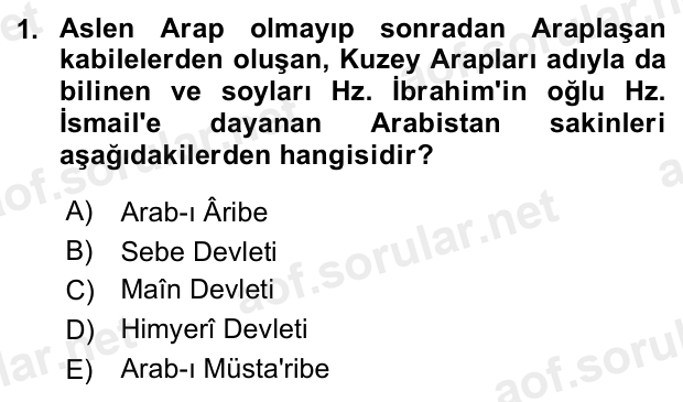 1. soru: Aslen Arap olmayıp sonradan Araplaşan kabilelerden oluşan, Kuzey Arapları adıyla da bilinen ve soyları Hz. İbrahim'in…