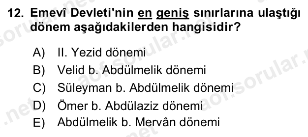 12. soru: Emevî Devleti'nin en geniş sınırlarına ulaştığı dönem aşağıdakilerden hangisidir? A) II. Yezid dönemi B) Velid b. Abd…