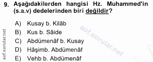 9. soru: Aşağıdakilerden hangisi Hz. Muhammed'in (s.a.v) dedelerinden biri değildir? A) Kusay b. Kilâb B) Kus b. Sâide C) Abdü…