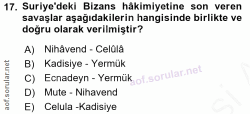 17. soru: Suriye'deki Bizans hâkimiyetine son veren savaşlar aşağıdakilerin hangisinde birlikte ve doğru olarak verilmiştir? A)…