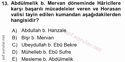 13. soru: Abdülmelik b. Mervan döneminde Hâricîlere karşı başarılı mücadeleler veren ve Horasan valisi tayin edilen kumandan aş…
