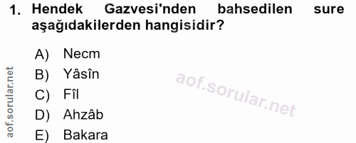 1. soru: Hendek Gazvesi'nden bahsedilen sure aşağıdakilerden hangisidir? A) Necm B) Yâsîn C) Fil D) Ahzâb E) Bakara