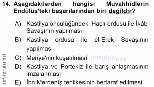 14. soru: Aşağıdakilerden hangisi Muvahhidlerin Endülüs'teki başarılarından biri değildir? A) Kastilya öncülüğündeki Haçlı ordu…