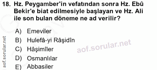 18. soru: Hz. Peygamber'in vefatından sonra Hz. Ebû Bekir'e biat edilmesiyle başlayan ve Hz. Ali ile son bulan döneme ne ad ver…