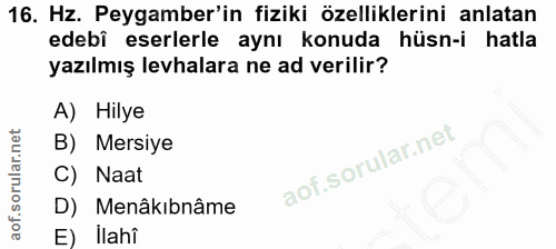 16. soru: Hz. Peygamber'in fiziki özelliklerini anlatan edebi eserlerle aynı konuda hüsn-i hatla yazılmış levhalara ne ad veril…