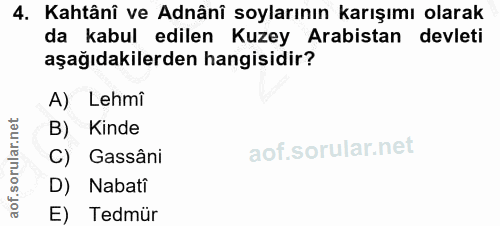 4. soru: Kahtânî ve Adnânî soylarının karışımı olarak da kabul edilen Kuzey Arabistan devleti aşağıdakilerden hangisidir? A) L…