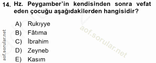 14. soru: Hz. Peygamber'in kendisinden sonra vefat eden çocuğu aşağıdakilerden hangisidir? A) Rukıyye B) Fâtıma C) Ibrahim D) Z…