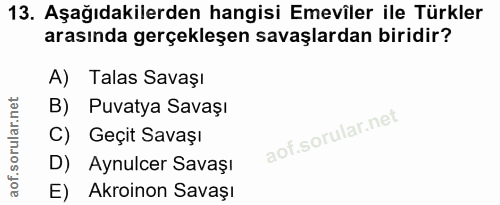 13. soru: Aşağıdakilerden hangisi Emevîler ile Türkler arasında gerçekleşen savaşlardan biridir? A) Talas Savaşı B) Puvatya Sav…