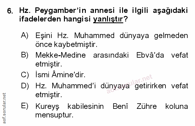 6. soru: Hz. Peygamber'in annesi ile ilgili aşağıdaki ifadelerden hangisi yanlıştır? A) Eşini Hz. Muhammed dünyaya gelmeden on…