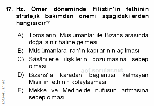 17. soru: Hz. Ömer döneminde Filistin'in fethinin stratejik bakımdan önemi aşağıdakilerden hangisidir? A) Torosların, Müslümanl…