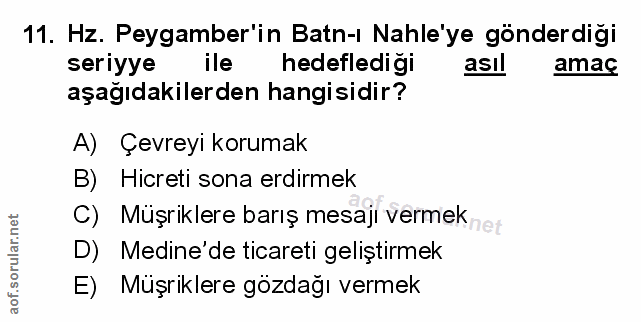 11. soru: Hz. Peygamber'in Batn-ı Nahle'ye gönderdiği seriyye ile hedefledigi asıl amac aşağıdakilerden hangisidir? A) Çevreyi…