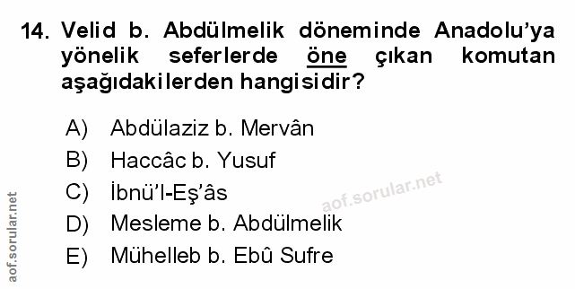 14. soru: Velid b. Abdülmelik döneminde Anadolu'ya yönelik seferlerde one çıkan komutan aşağıdakilerden hangisidir? A) Abdülazi…