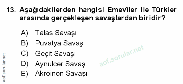 13. soru: Aşağıdakilerden hangisi Emevîler ile Türkler arasında gerçekleşen savaşlardan biridir? A) Talas Savaşı B) Puvatya Sav…