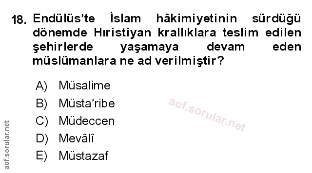 18. soru: Endülüs'te Islam hâkimiyetinin sürdüğü dönemde Hıristiyan krallıklara teslim edilen şehirlerde yaşamaya devam eden mü…