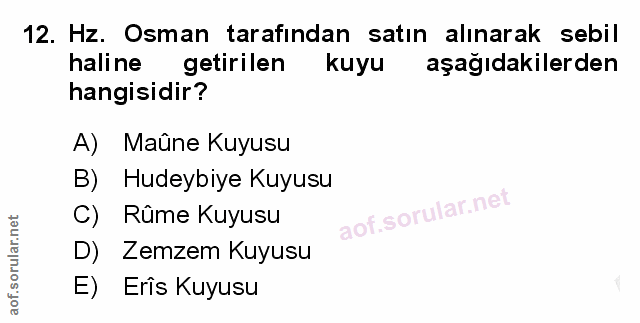 12. soru: Hz. Osman tarafından satın alınarak sebil haline getirilen kuyu aşağıdakilerden hangisidir? A) Maûne Kuyusu B) Hudeyb…