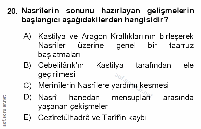 20. soru: Nasrilerin sonunu hazırlayan gelişmelerin başlangıcı aşağıdakilerden hangisidir? A) Kastilya ve Aragon Krallıkları'nı…