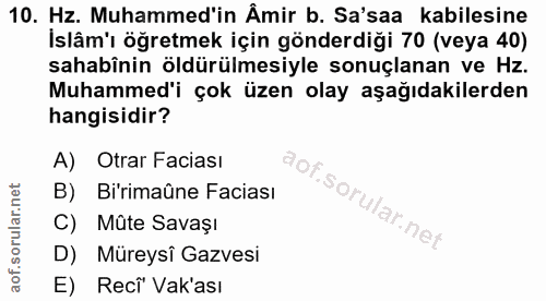 10. soru: Hz. Muhammed'in Âmir b. Sa'saa kabilesine İslâm'ı öğretmek için gönderdiği 70 (veya 40) sahabînin öldürülmesiyle sonu…