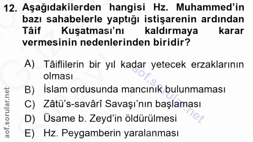 12. soru: Aşağıdakilerden hangisi Hz. Muhammed'in bazı sahabelerle yaptığı istişarenin ardından Tâif Kuşatması'nı Kaldirmaya ka…