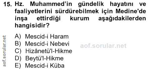 15. soru: Hz. Muhammed'in gündelik hayatını ve faaliyetlerini sürdürebilmek için Medine'de inşa ettirdiği kurum aşağıdakilerden…