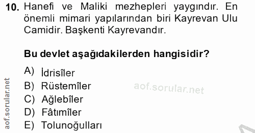 10. soru: Hanefi ve Maliki mezhepleri yaygındır. En önemli mimari yapılarından biri Kayrevan Ulu Camidir. Başkenti Kayrevandır.…