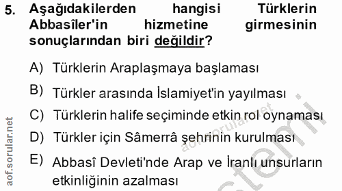 5. soru: Aşağıdakilerden hangisi Türklerin Abbasiler'in hizmetine girmesinin sonuçlarından biri değildir? A) Türklerin Araplaş…