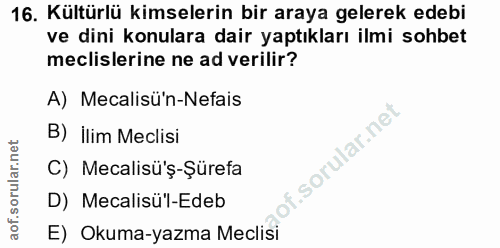 16. soru: Kültürlü kimselerin bir araya gelerek edebi ve dini konulara dair yaptıkları ilmi sohbet meclislerine ne ad verilir?…
