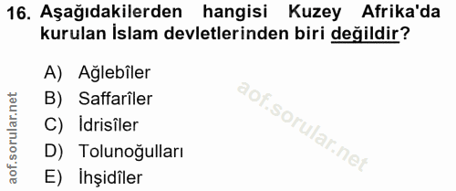 16. soru: Aşağıdakilerden hangisi Kuzey Afrika'da kurulan İslam devletlerinden biri değildir? A) Ağlebîler B) Safarîler C) Idri…