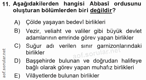 11. soru: Aşağıdakilerden hangisi Abbasî ordusunu oluşturan bölümlerden biri değildir? A) Çölde yaşayan bedevî birlikleri B) Ve…