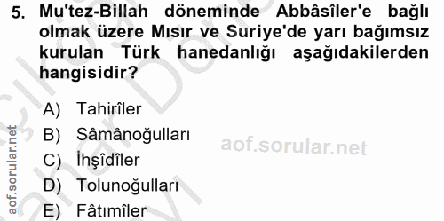 5. soru: Mu'tez-Billah döneminde Abbâsiler'e bağlı olmak üzere Mısır ve Suriye'de yarı bağımsız kurulan Türk hanedanlığı aşağı…