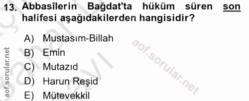 13. soru: Abbasilerin Bağdat'ta hüküm süren son halifesi aşağıdakilerden hangisidir? A) Mustasım-Billah B) Emin C) Mutazıd D) H…