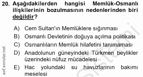 20. soru: Aşağıdakilerden hangisi Memlük-Osmanlı ilişkilerinin bozulmasının nedenlerinden biri değildir? A) Cem Sultan'ın Memlü…