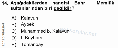 14. soru: Aşağıdakilerden hangisi Bahri Memlük sultanlarından biri değildir? A) Kalavun B) Aybek C) Muhammed b. Kalavun D) I. B…
