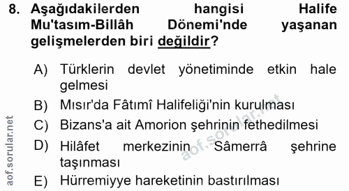 8. soru: Aşağıdakilerden hangisi Halife Mu'tasım-Billâh Dönemi'nde yaşanan gelişmelerden biri değildir? A) Türklerin devlet yö…