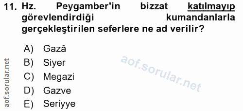 11. soru: Hz. Peygamber'in bizzat katılmayıp görevlendirdiği kumandanlarla gerçekleştirilen seferlere ne ad verilir? A) Gazâ B)…