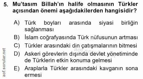 5. soru: Mu'tasım Billah'ın halife olmasının Türkler açısından önemi aşağıdakilerden hangisidir? A) Türk boyları arasında siya…