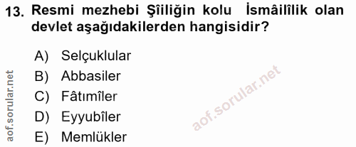 13. soru: Resmi mezhebi Şiiliğin kolu İsmâililik olan devlet aşağıdakilerden hangisidir? A) Selçuklular B) Abbasiler C) Fâtımîl…