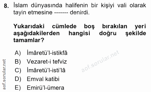 8. soru: İslam dünyasında halifenin bir kişiyi vali olarak tayin etmesine - denirdi. Yukarıdaki cümlede boş bırakılan yeri aşa…