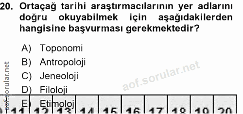 20. soru: Ortaçağ tarihi araştırmacılarının yer adlarını doğru okuyabilmek için aşağıdakilerden hangisine başvurması gerekmekte…