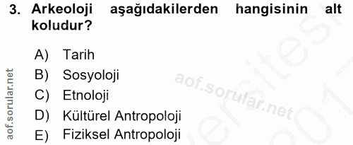 3. soru: Arkeoloji aşağıdakilerden hangisinin alt koludur? A) Tarih B) Sosyoloji C) Etnoloji D) Kültürel Antropoloji E) Fiziks…