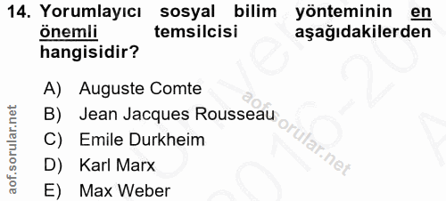 14. soru: Yorumlayıcı sosyal bilim yönteminin en önemli temsilcisi aşağıdakilerden hangisidir? A) Auguste Comte B) Jean Jacques…