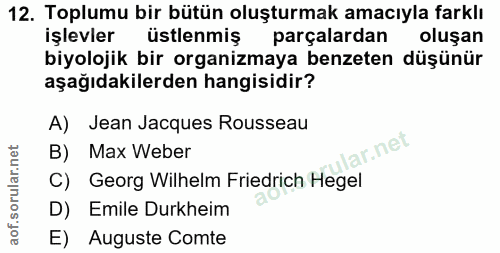 12. soru: Toplumu bir bütün oluşturmak amacıyla farklı işlevler üstlenmiş parçalardan oluşan biyolojik bir organizmaya benzeten…