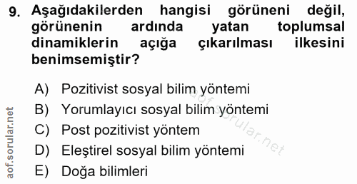9. soru: Aşağıdakilerden hangisi görüneni değil, görünenin ardinda yatan toplumsal dinamiklerin açığa çıkarılması ilkesini ben…