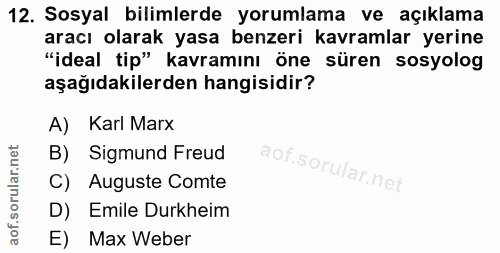 12. soru: Sosyal bilimlerde yorumlama ve açıklama aracı olarak yasa benzeri kavramlar yerine "ideal tip" kavramını öne süren so…