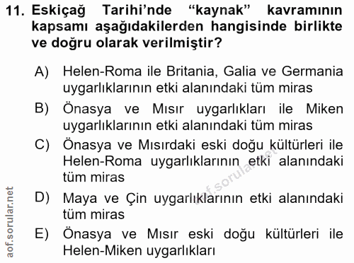 11. soru: Eskiçağ Tarihi'nde "kaynak" kavramının kapsamı aşağıdakilerden hangisinde birlikte ve doğru olarak verilmiştir? A) He…