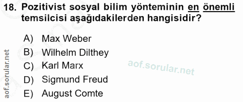 18. soru: Pozitivist sosyal bilim yönteminin en önemli temsilcisi aşağıdakilerden hangisidir? A) Max Weber B) Wilhelm Dilthey C…