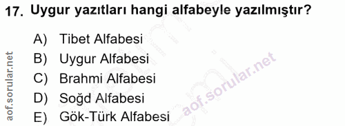 17. soru: Uygur yazıtları hangi alfabeyle yazılmıştır? A) Tibet Alfabesi B) Uygur Alfabesi C) Brahmi Alfabesi D) Soğd Alfabesi…