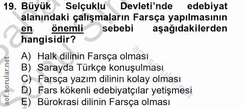 19. soru: Büyük Selçuklu Devleti'nde edebiyat alanındaki çalışmaların Farsça yapılmasının en önemli sebebi aşağıdakilerden hang…