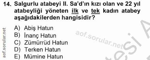 14. soru: Salgurlu atabeyi II. Sa'd'ın kızı olan ve 22 yıl atabeyliği yöneten ilk ve tek kadın atabey aşağıdakilerden hangisidi…